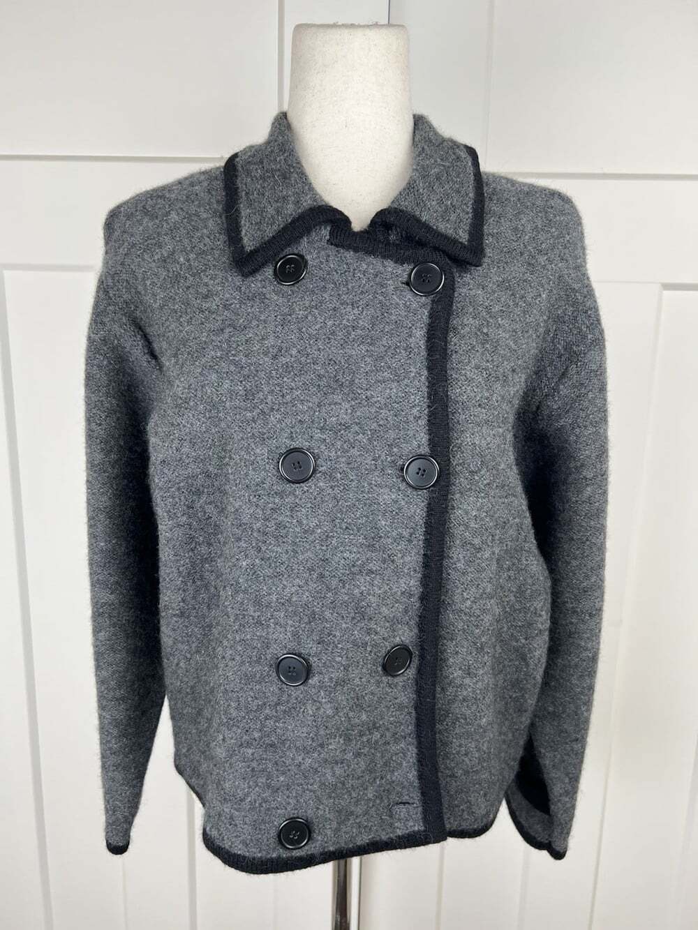 Vintage Herman Geist Petite L 100% Wool Cardigan Jacket Gray Double Breasted